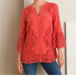 Chico’s Sz 0 Orange Cotton Elegant Classic Lace Front V neck button front Tunic